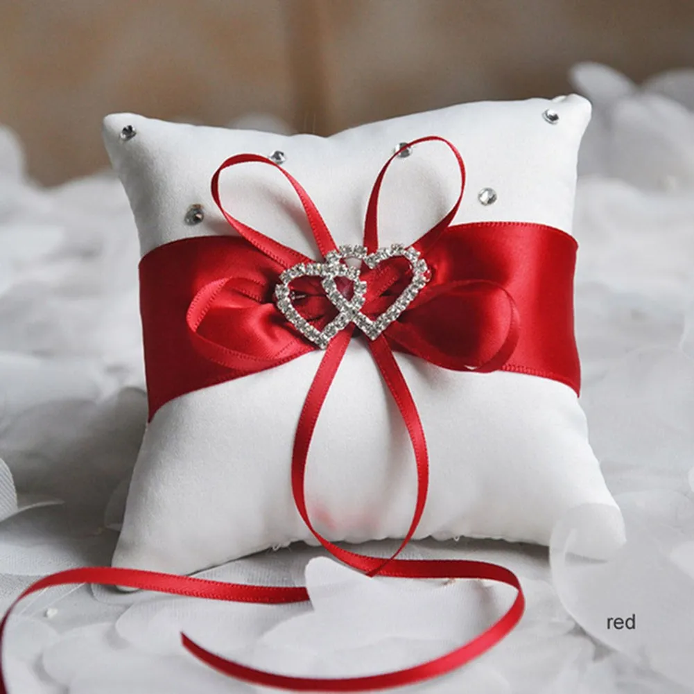 

1PC Satin Bridal Wedding Ceremony Ring Bearer Pillow Cushion Crystal Double Colour Heart 10*10cm Suitable For Wedding Reception