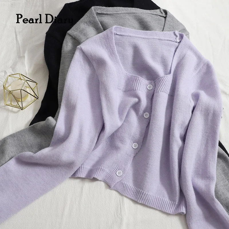 Pearl Diary Women Cropped Sweater Cardigans Autumn Winter Soft Solid Color Square Neck Long Sleeve Buttons Front Cardigans