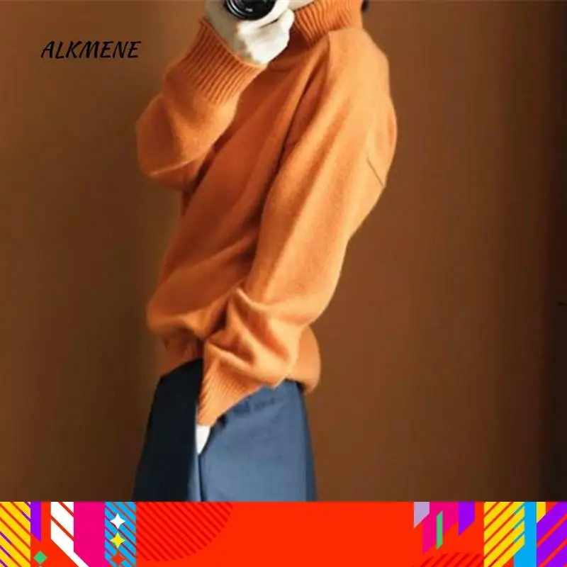 19 осенне-зимний вязаный женский свитер оранжевый с высоким воротником и длинным