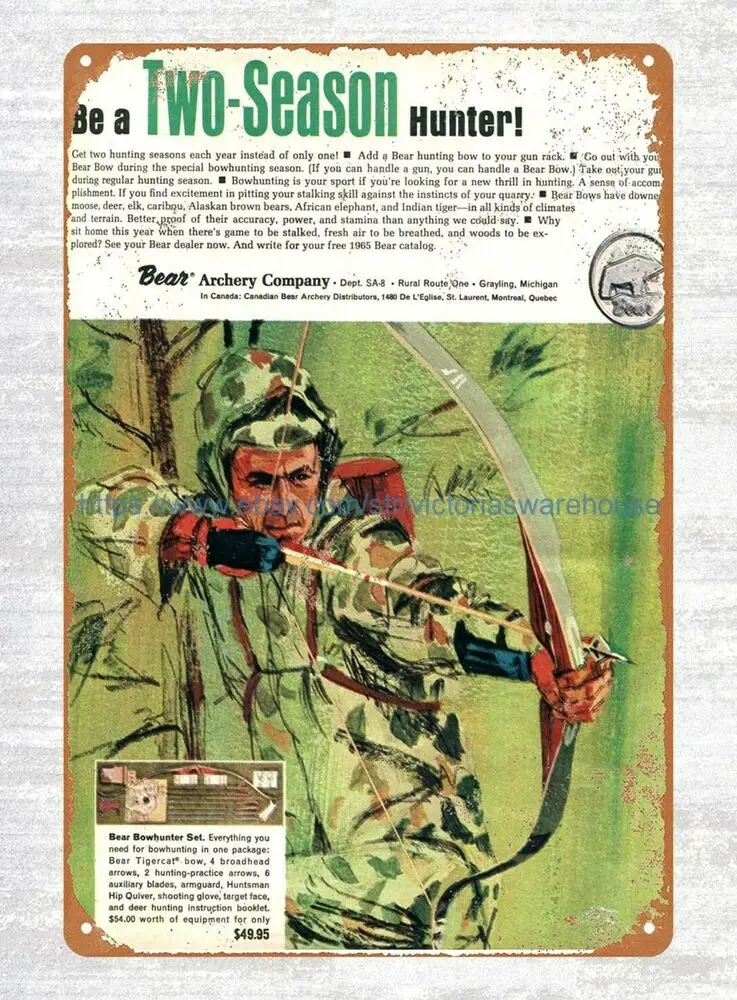 1965 медведь лук спортивный открытый металлический жестяной знак дешевый