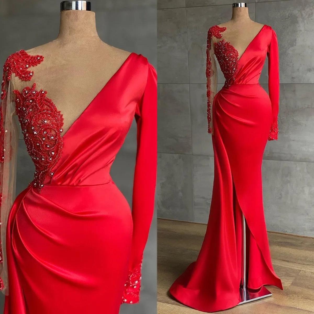 

Red Long Sleeve Evening Gowns Pearls Beads Satin Side Split Mermaid Prom Dress Custom Made Formal Robes De Soirée