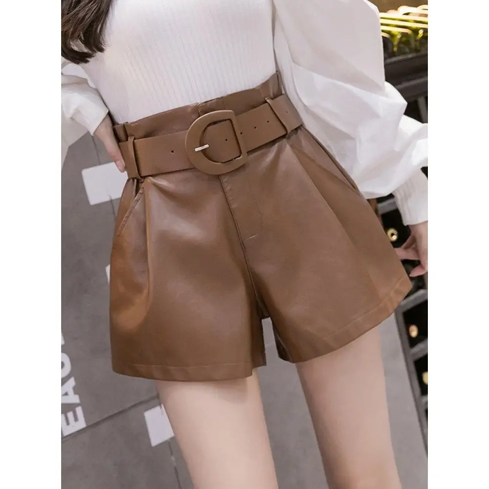 

2022 New Autumn Winter PU Faux Leather Women's Shorts Sashes Female High Waist Wide Leg Shorts Lady Elegant Solid Trousers H396