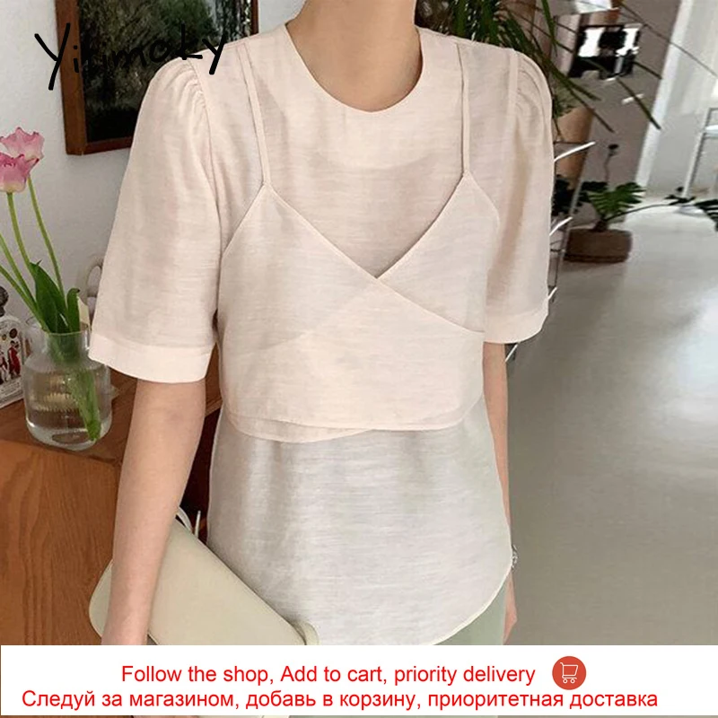 

Yitimoky Vintage Women Tops Spliced Fake Two Pieces 2021 Summer New O-Neck Loose Bandge Bow Lantern Sleeve Casual Shirts