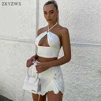 zkyzwx sexy 2 piece set women 2021 summer clothes halter backless crop top skirt vacation club birthday outfits matching sets