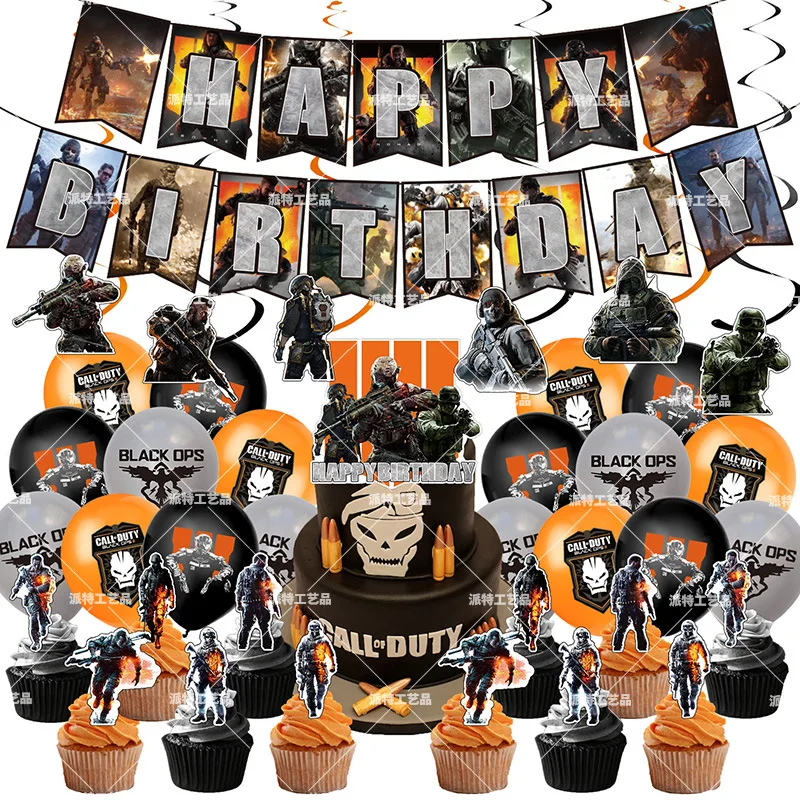 Juego de decoraci&oacute;n para fiesta de cumplea&ntilde;os con tem&aacute;tica Call Of Duty, pancarta, juego de cartas para pastel, dise&ntilde;o de escena de globo, fiesta, evento, suministro, juguetes para Baby Shower-0