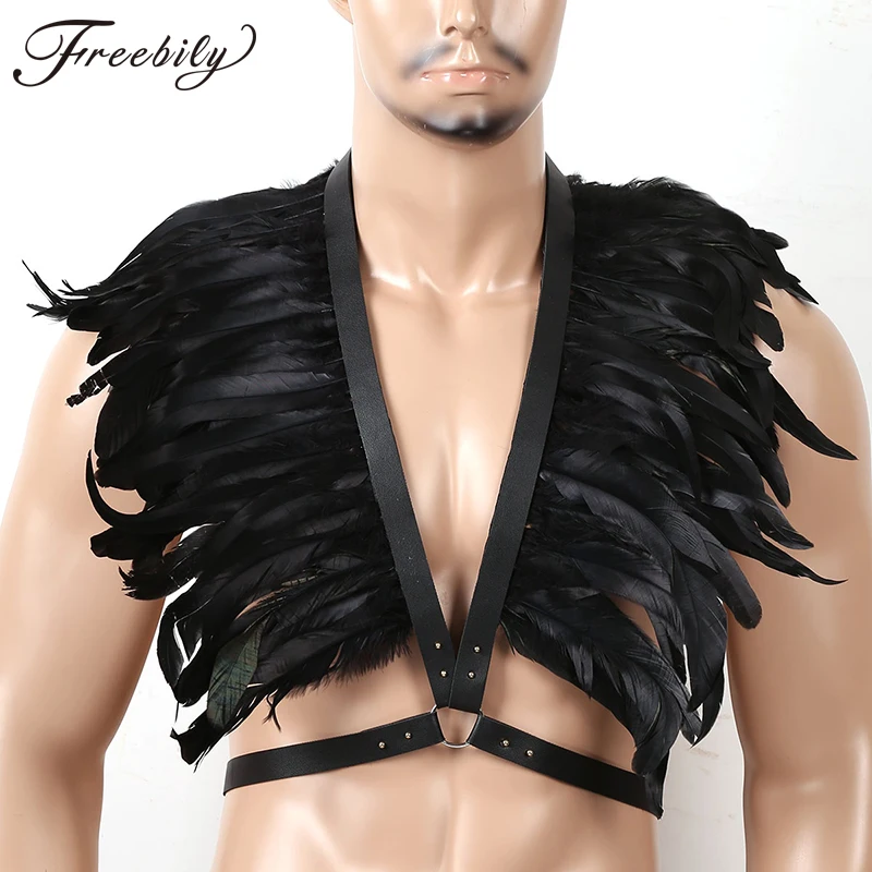 Ремень мужской готический с перьями накидкой шалью и ремешки из искусственной