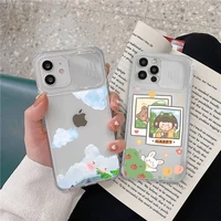 cute cartoon girl with bear phone case transparent for iphone 7 8 11 12 x xs xr mini pro max plus slide camera lens protect