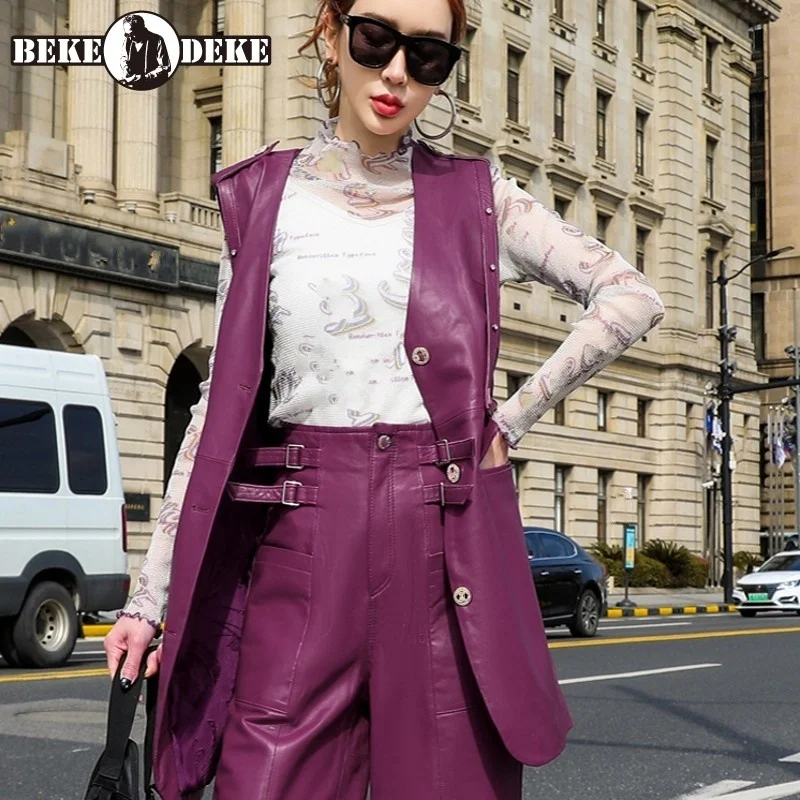 

2022 Autumn New Genuine Leather Vintage Vest V-Neck Single Breasted Pockets Spliced Fashion Vest Jacket Womens Elegant Korean