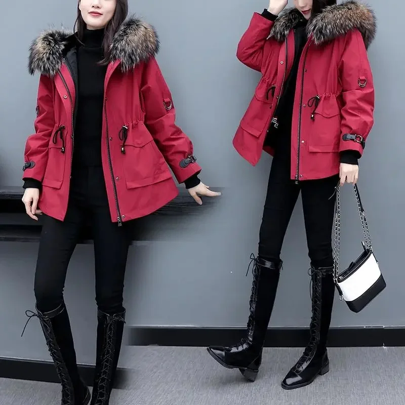 Vintage Autumn/Winter New Detachable Parkas Women's Imitation Fur Coat Korean Thickened Pleated Black Jacket Big Fur Collar