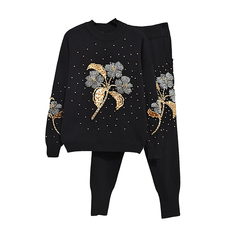 

2020 Autumn 2 Piece Set Women Beading Embroidery Knitted Sets Sweater Trousers Pants Suit Winter Women Two Piece Set Tracksuits
