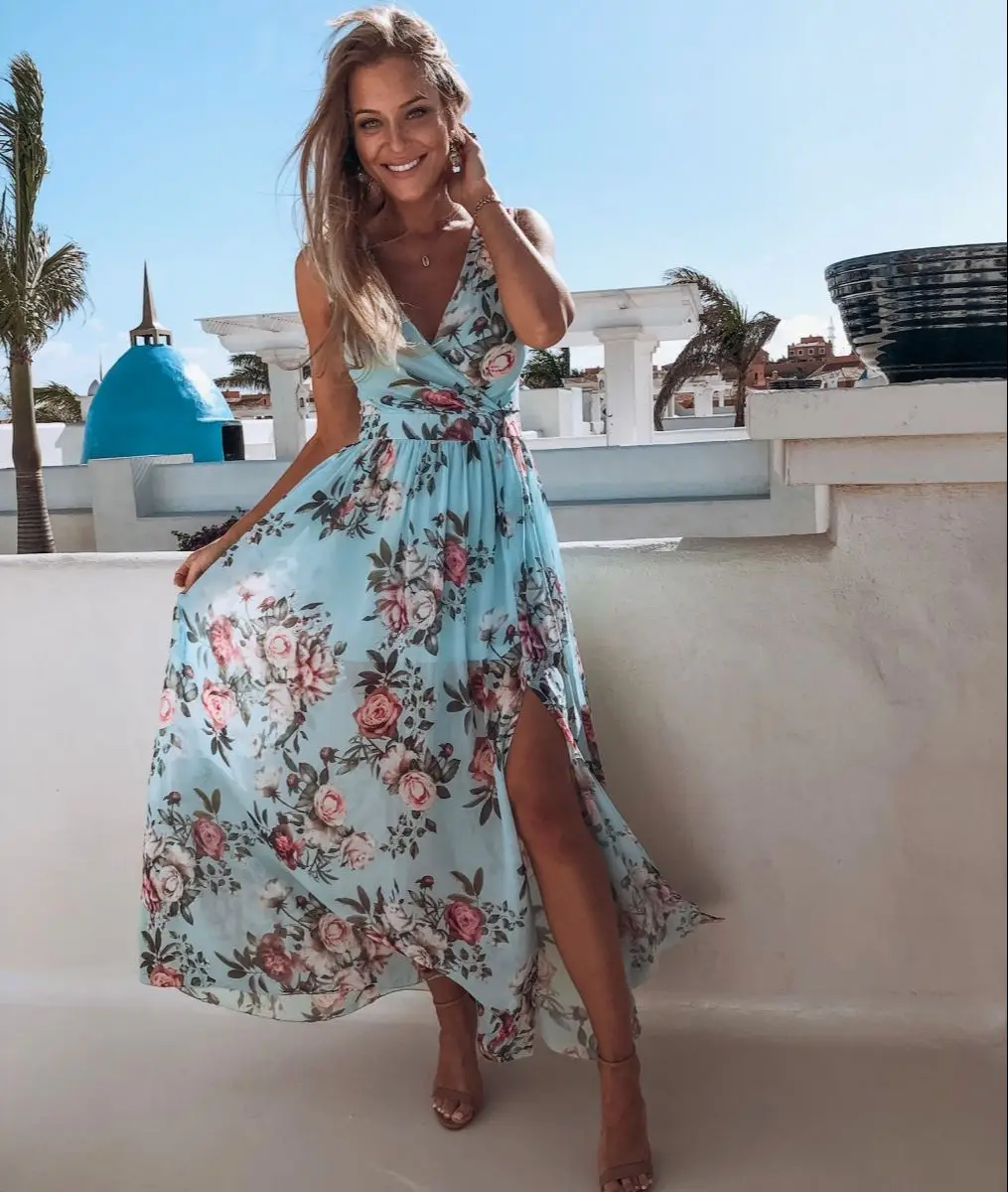 Женское платье-макси без рукавов с V-образным вырезом и разрезом | Женская одежда