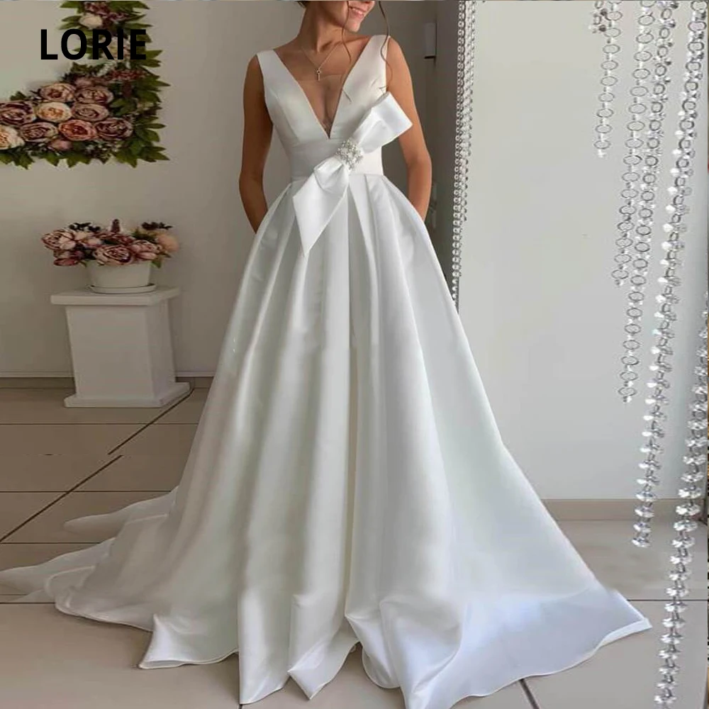

LORIE Simple Satin Wedding Dresses with Pockets Sleeveless V-neck Open Back Beach Bride Dress Detachable Bow Party Gown Elegant