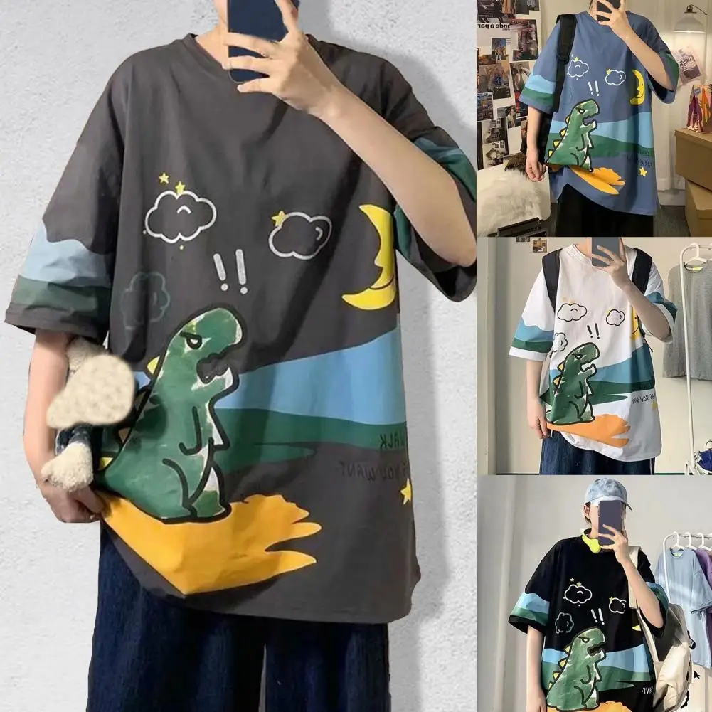 

Футболка мужская оверсайз с коротким рукавом и круглым вырезом, Повседневная Свободная рубашка с мультяшным принтом динозавра