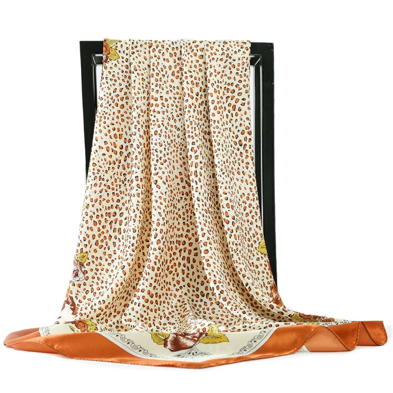 

Fashion Floral Silk Satin Hijab Scarf Women Leopard Print Beach towel Headband Scarves Lady Kerchief Female 90X90CM Square Shawl