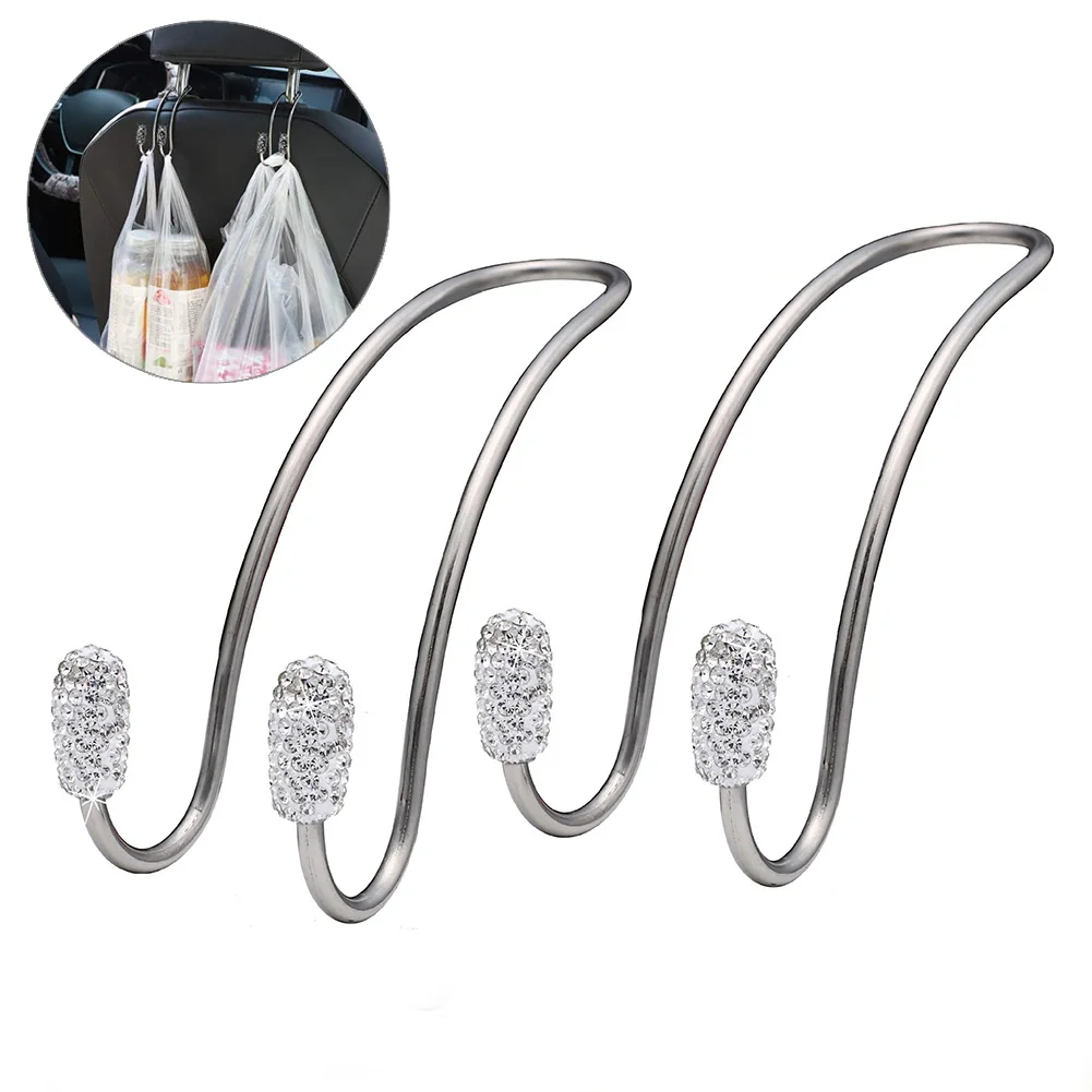 

2Pcs Bling Car Seat Hooks Universal Car Back Seat Headrest Hangers Rhinestones Car Hangers Organizers