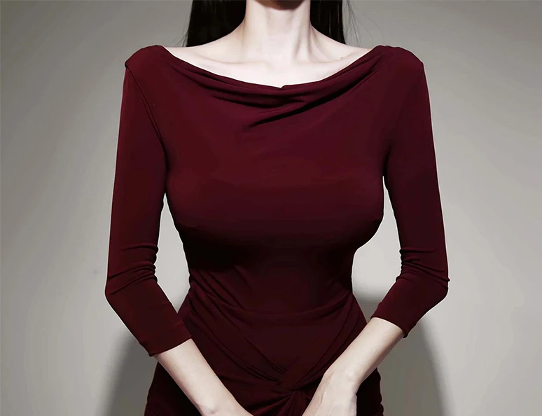 

2020 Korea Autumn Long Sleeved Sheath Bodycon Knee-Length Sexy Burgundy Split Women's Party Dress
