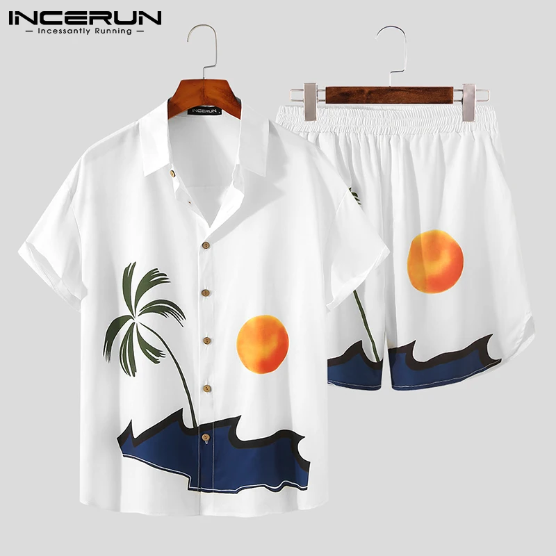 INCERUN Printed Men Sets Streetwear Short Sleeve Lapel Casual Shirt Beach Shorts Summer Vacation Men Hawaiian Suits 2 Pieces 3XL