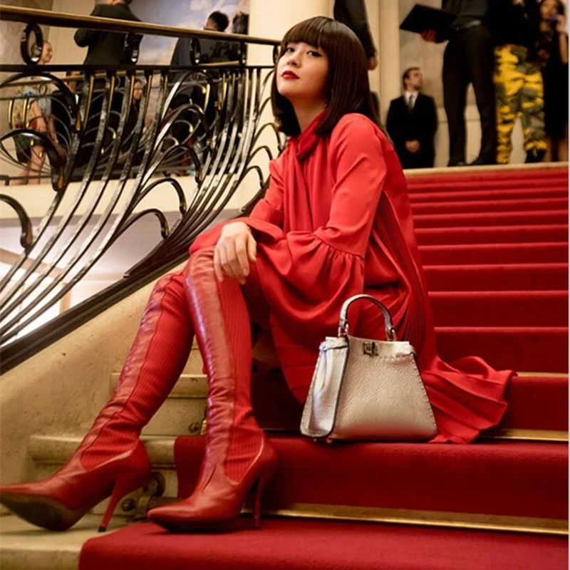 

Blue Red Patchwork Long Boots Knitted Fabric Over The Knee Stiletto High Heel Looks Skinny Shoes Wedding Runway Boots Size 10