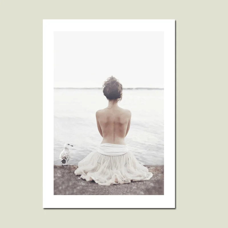 Nordic Sea Beach Beautiful Girl Posters And Prints Birds Wall Art Canvas Painting Two Pictures For Living Room Unframed | Дом и сад