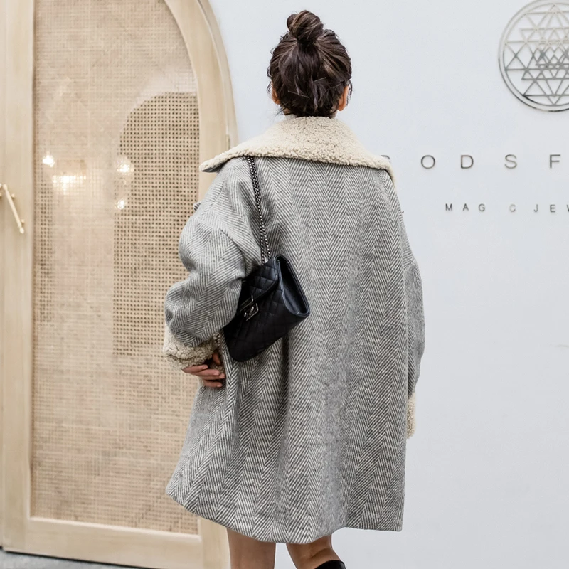 Шерстяное длинное пальто в елочку из овечьей шерсти теплое свободное шерстяное