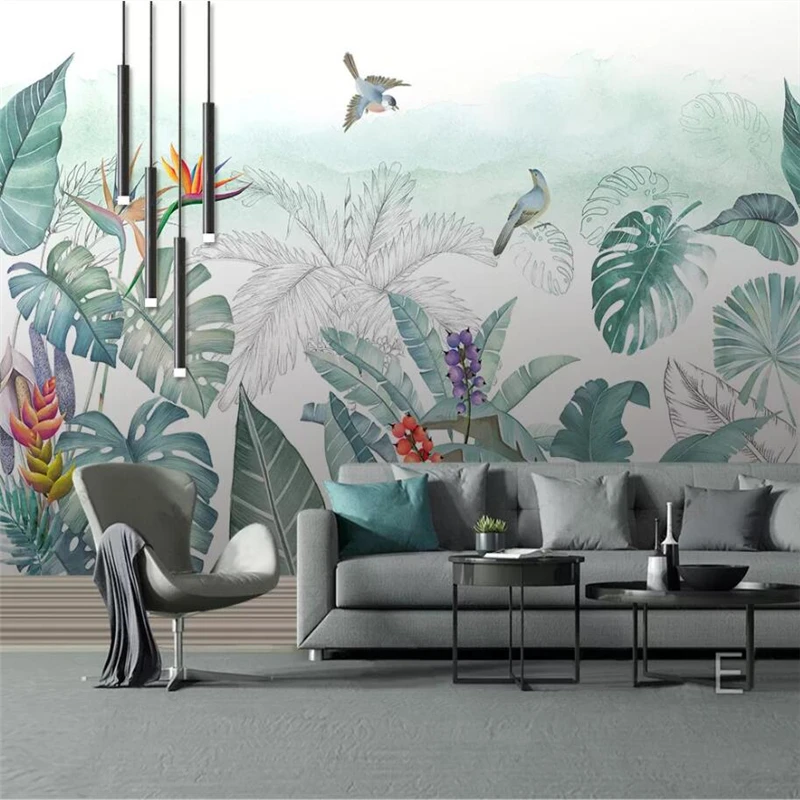 

beibehang Custom wallpaper 3d mural Nordic hand-painted small fresh tropical plants flowers and birds TV background wall paper