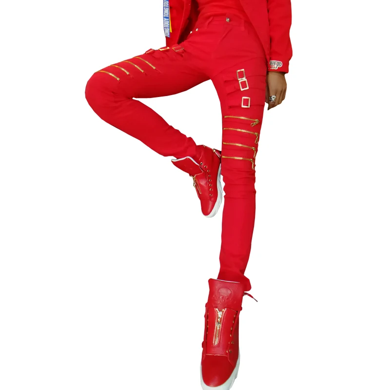 Мужские повседневные брюки тонкие на молнии красные мужские уличные в стиле