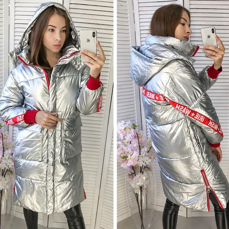 Silver Новинка, зимнее блестящее пальто, Женский приталенный длинный пуховик, Толстая куртка с меховым воротником и капюшоном, Женская водонепроницаемая зимняя верхняя одежда 226 - Цвет: Silver