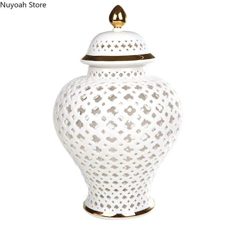 

Creative Ceramic Vase Hollow General Jar Golden Stroke Retro Decorative Crafts White Storage Jar with Lid Home Decoration Vase