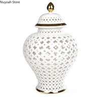 creative ceramic vase hollow general jar golden stroke retro decorative crafts white storage jar with lid home decoration vase