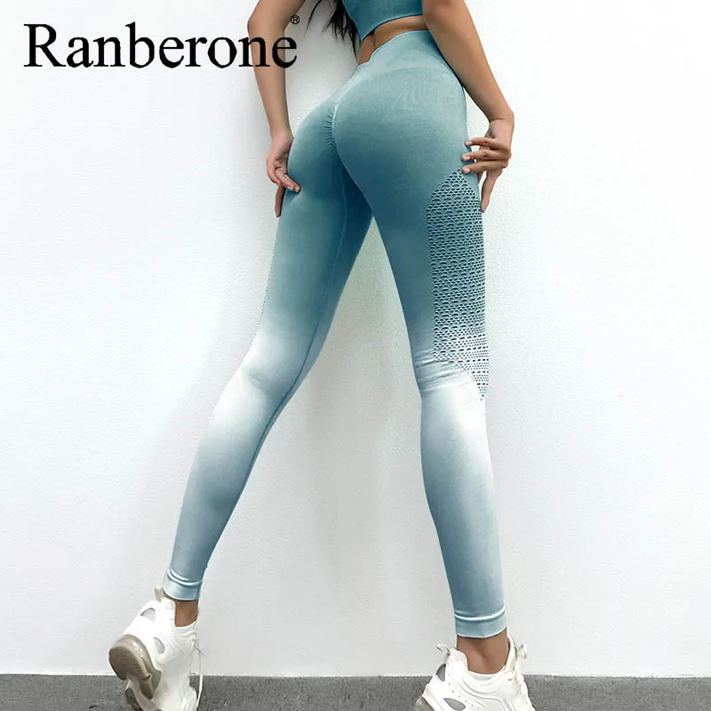 Ranberone Gradient Color fitness Trousers Women's Sports Ba Two Piece Sport Set Women High Waist Breathable Gym Clothing 2021