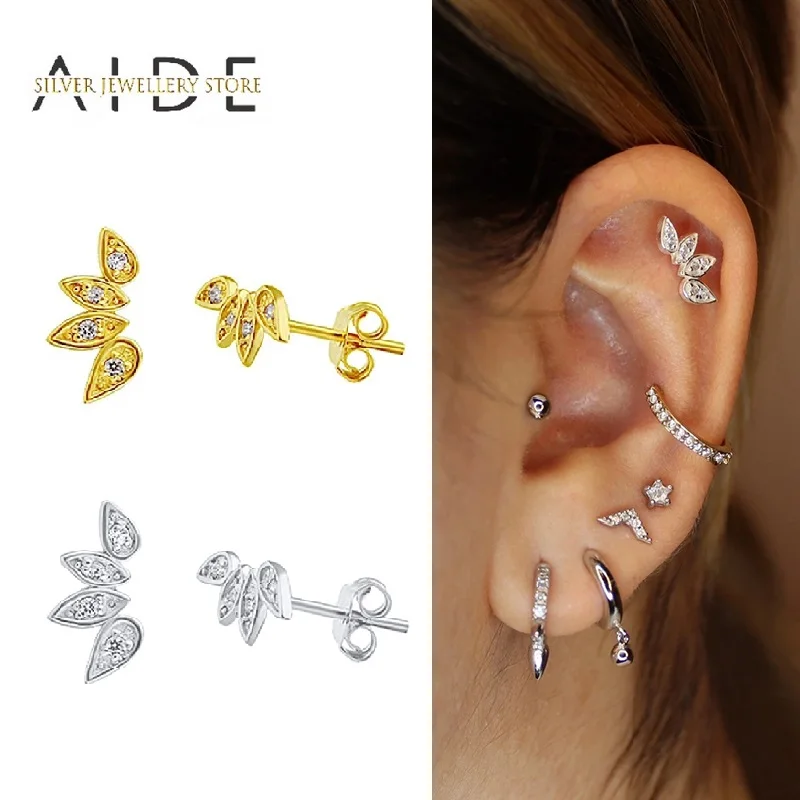 

AIDE Exquisite Leaves Stud Earrings For Women Gift Geometric Zircon 925 Sterling Silver Earrings Fine Jewelry kolczyki