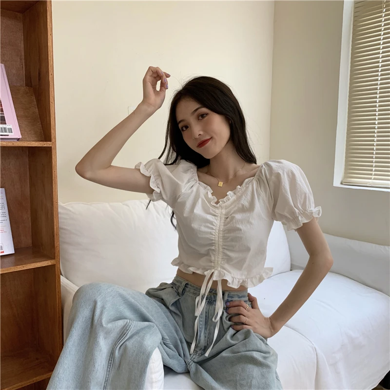 

2021ladies New Summer New French Minority Short Drawstring Wooden Ear Puff Sleeve Top Women's Shirt