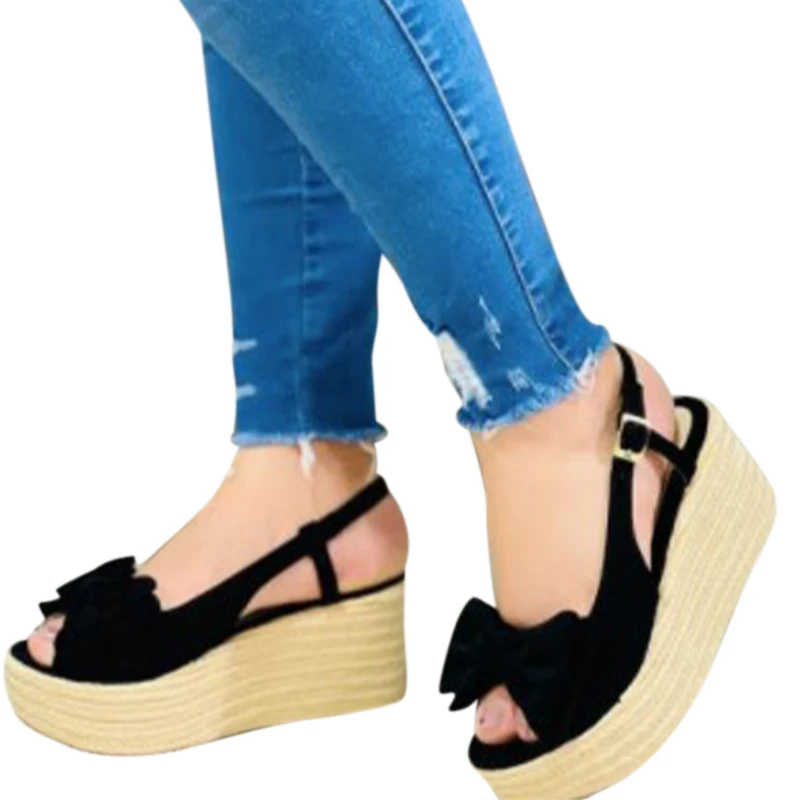 

Women Sandals Shoes Platform Bow-Knot Buckle Strap Solid Ladies Peep Toe High Heels Casual Female Summer Fashion 2021 New Flats