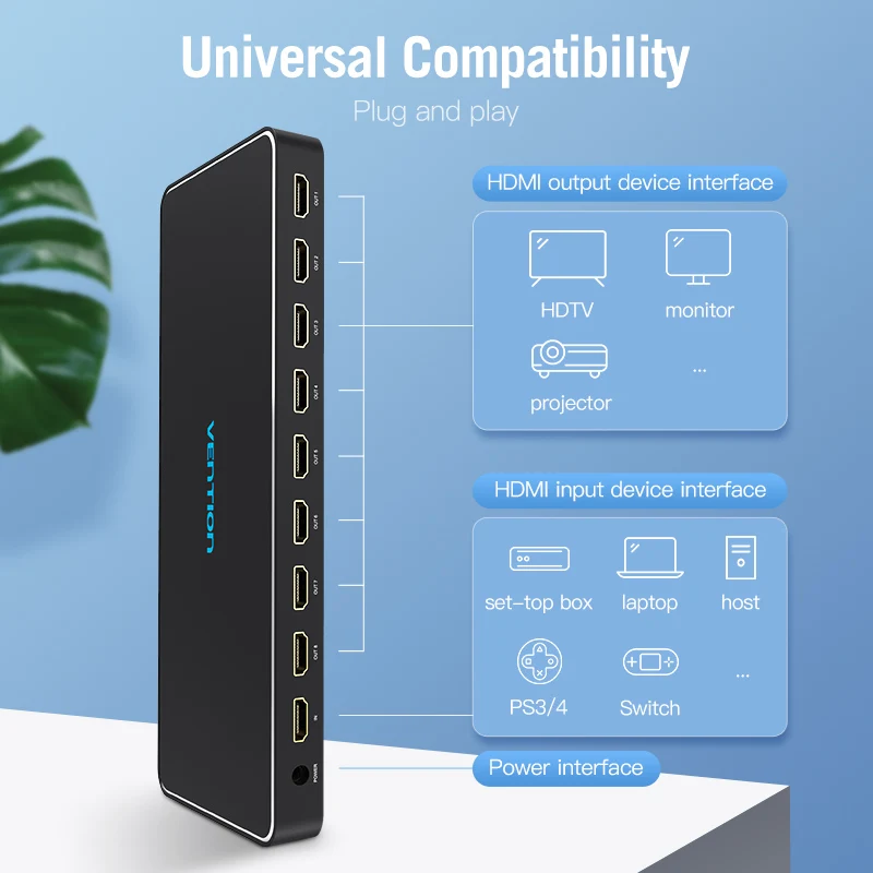 Vention Высокое качество 8 портов 1 в выход 1x8 Переходник HDMI разветвитель аудио видео