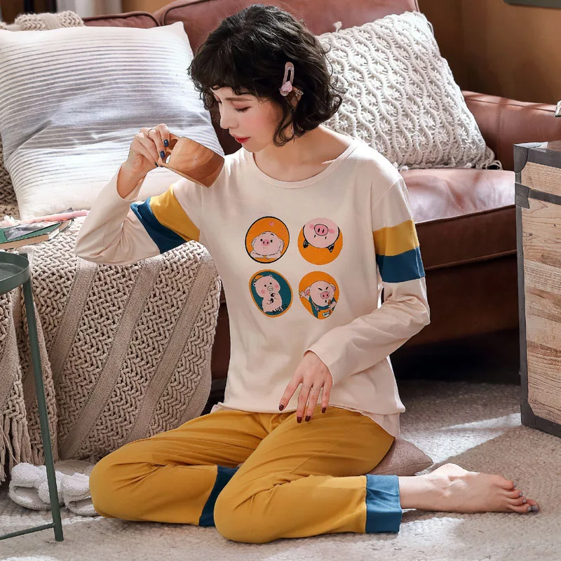 Смешанные цвета женские пижамы набор осень 2019 круглый вырез s длинный рукав