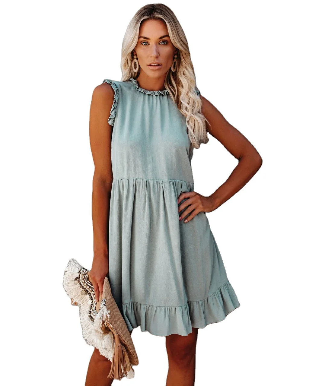 

2021 Summer Women's New Style Ruffled Sexy Solid Color Dress Doll Collar Sleeveless Princess Dress