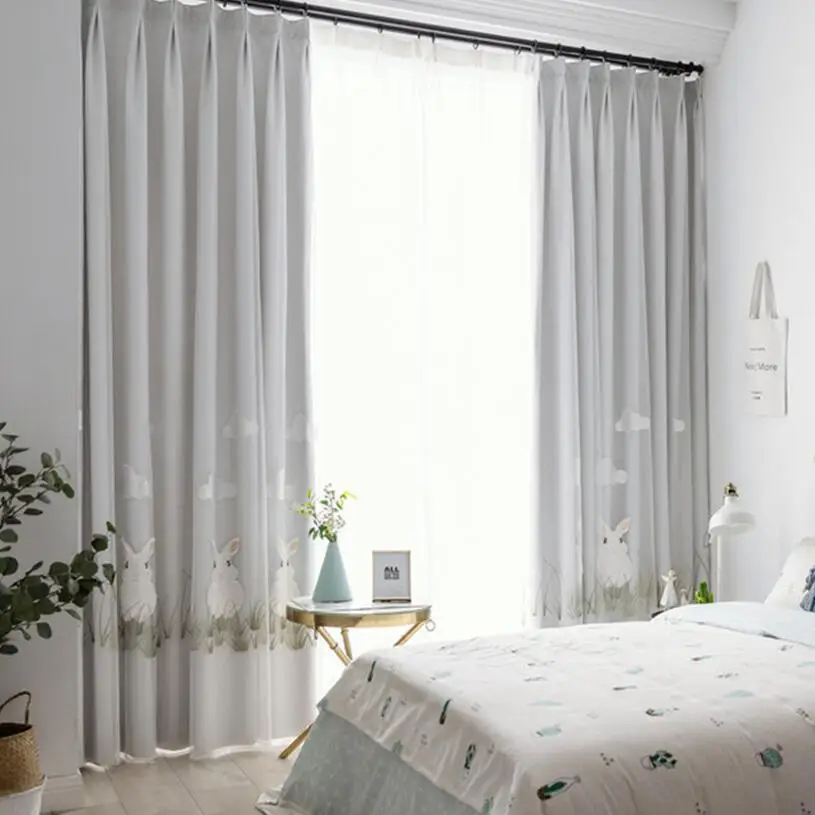 

White Flocking Cute Rabbit Pattern Cartoon Bedroom Window Curtains for Baby Kids Gray Solid Curtain Drapes for Living Room #40