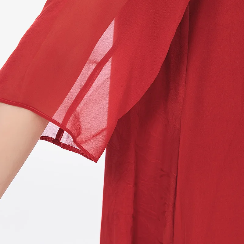 

VOA Pure Color Silk round Neck Embroidered Tassel Decorative Five-Point Short-Sleeved Mid-Length Chinese style Dress AJ8-1