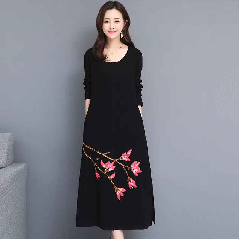 

Женское длинное платье с вышивкой, свободное платье с длинным рукавом и принтом в традиционном китайском стиле, весна-осень 2019