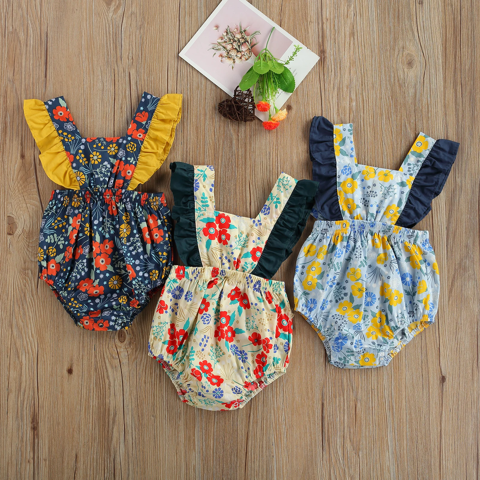 

0-24M Newborn Color Block Romper Baby Girls Tie Up Floral Print Fly Sleeve Square Collar Playsuit