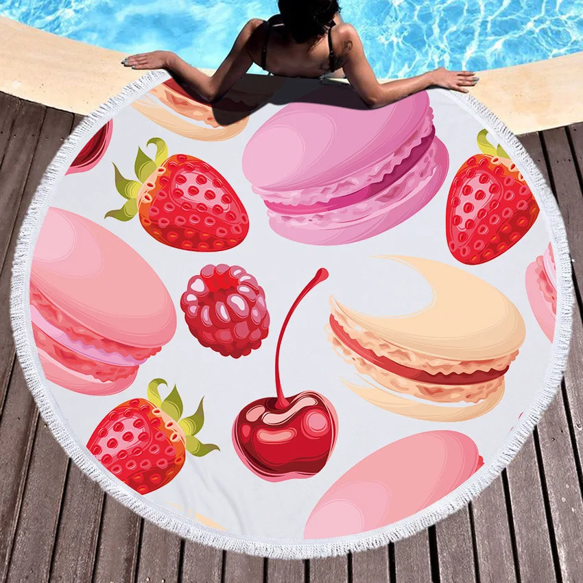 

Macaron Donuts Cake Round Beach Towel Thick Shower Bath Towels Microfiber Summer Swim Circle Yoga Mat Blanket 150cm With Tassels