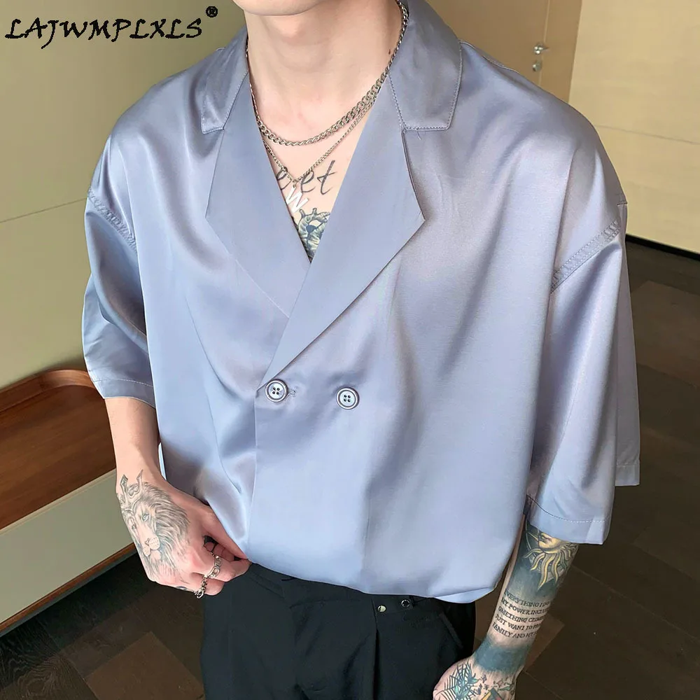 

Summer cold wind men's clothing high-end niche design drape abstinence line double-breasted suit short-sleeved shirt men's trend