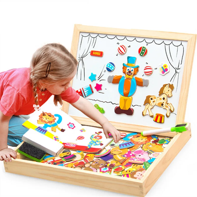 

100/105PCS Wooden Magnetic Puzzle Figure/Animals/ Vehicle /Circus Drawing Board 5 Styles Box Educational Toy for Kids Gift