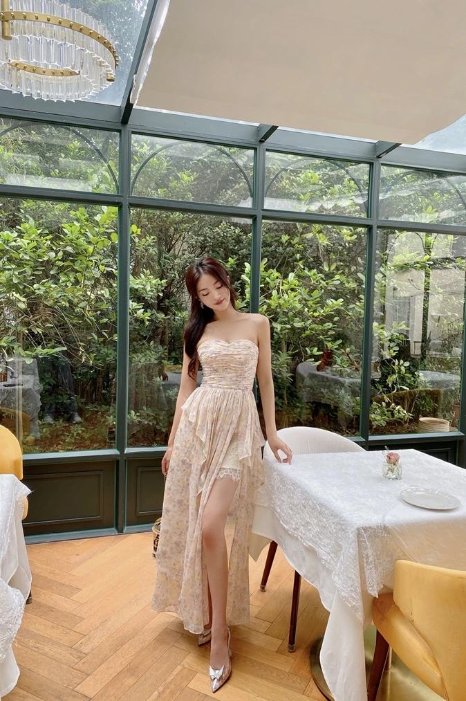 

Summer New Style French Pleated Tube Top Print Legless Long Dress Women
