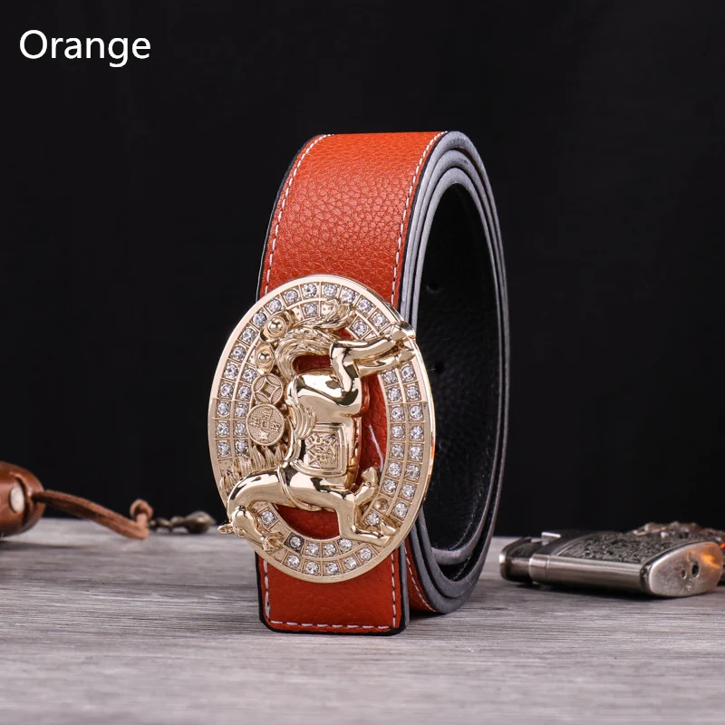 Оранжевый JXQBSYDK Роскошные брендовые ремни для мужчин с пряжкой в виде лошади Дизайнерские мужские модные высококачественные кожаные ремни для Мужчин Cinturon Hombre - Цвет: Оранжевый