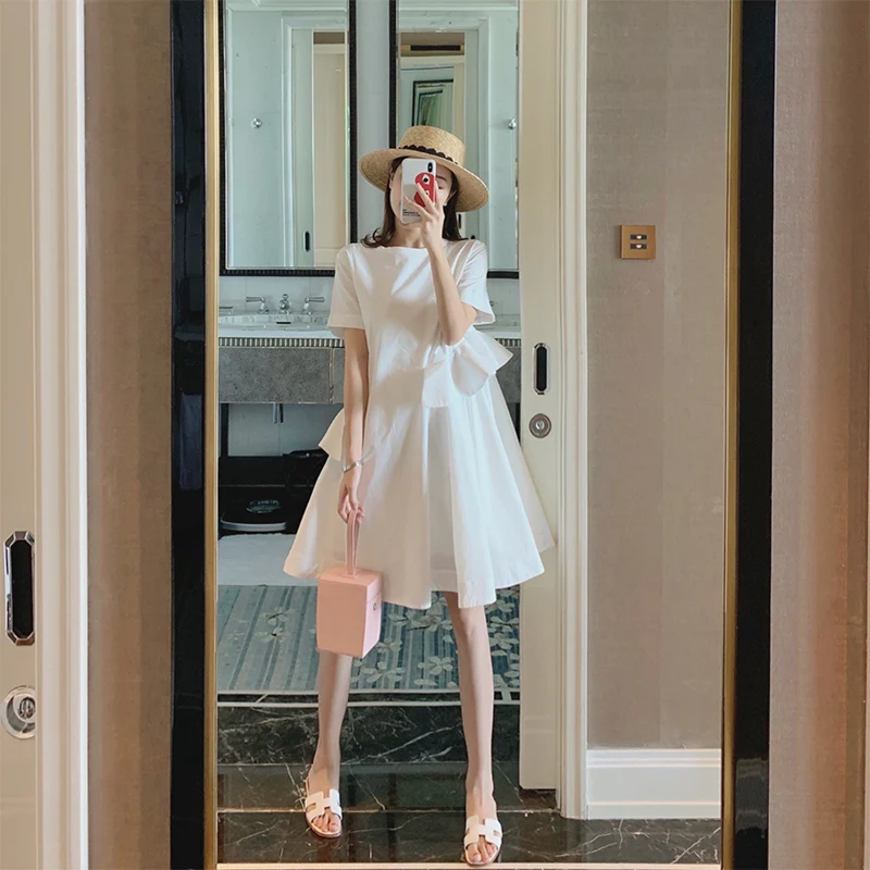 Женское платье белая футболка однотонная с оборками мини-платье уличная одежда в