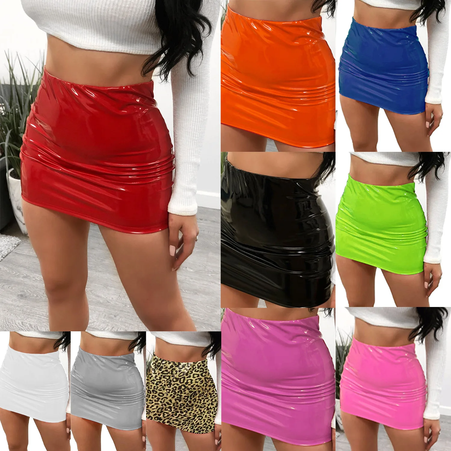 

2021 Women Sexy Pencil Skirts Women Zipper High Waist Skirt Pure Colour PU Leather Skirt Stretch Bodycon Short Mini Skirts Hot