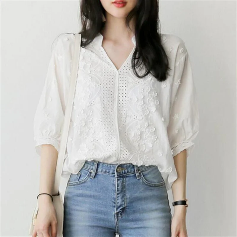Корейский стиль вышитые трехмерный цветок белая рубашка свободного кроя с
