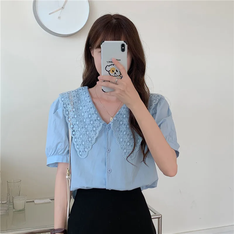 

French Vintage Lace Embroidery Big Lapel Neck White Shirt Women's 2021 Summer Fashion Elegant Puffs Sleeve Crop Top Street