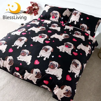 BlessLiving Pug Bedding Set Cartoon for Kids Duvet Cover 3-Piece Bulldog Bed Cover Set Queen Cute Pug Love Hearts Bed Linen 1